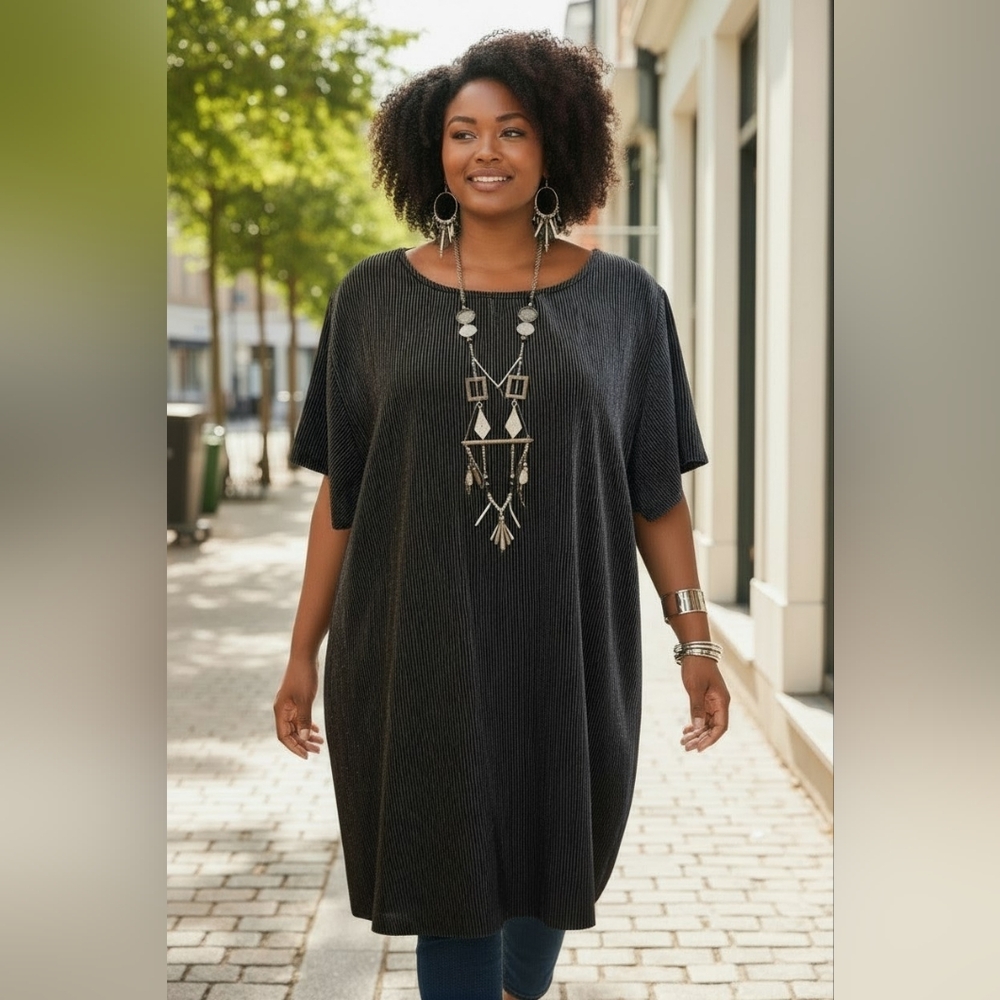 Black Midi‎ Dress - Women's Relaxed Ribbed Midi Dress Linen Blend Lagenlook XL
